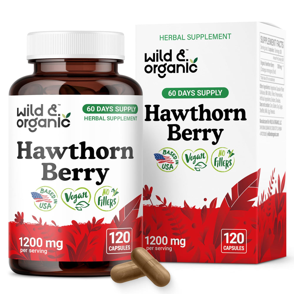 Front label of Wild & Organic Hawthorn Berry Capsules bottle (120-count).