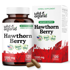 Front label of Wild & Organic Hawthorn Berry Capsules bottle (120-count).