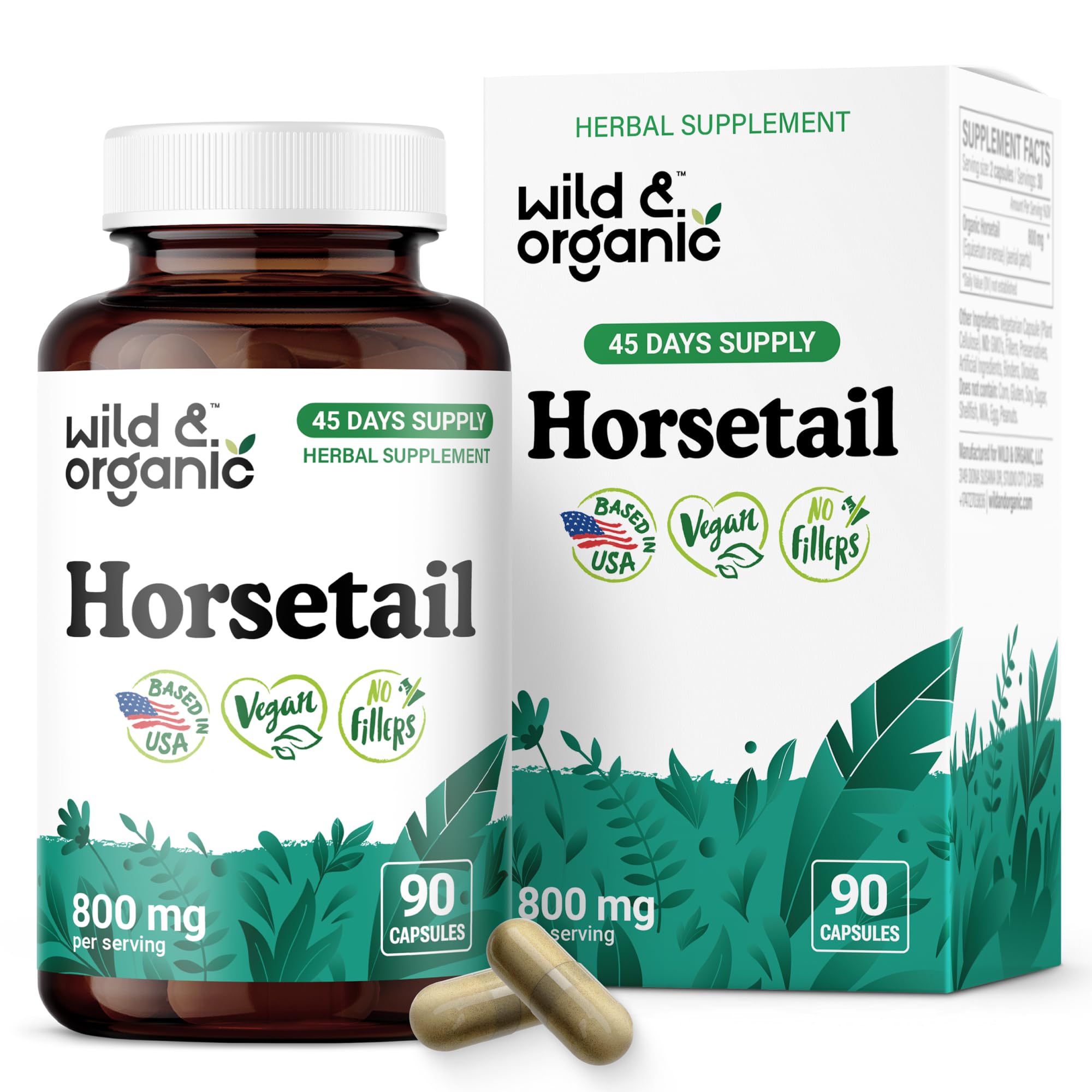 Wild & Organic Horsetail Capsules bottle with 800 mg per serving - hero image