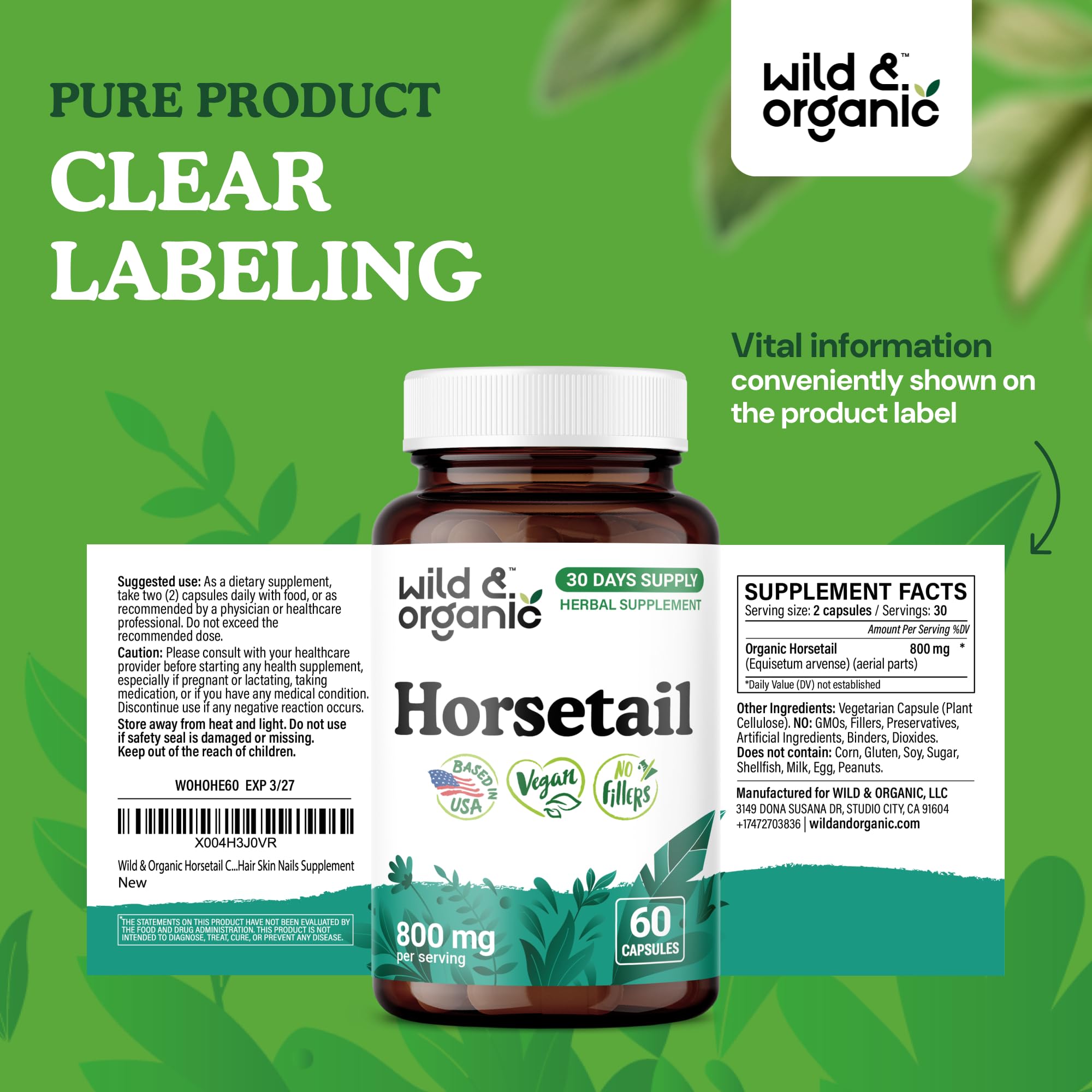 Brand packaging and product box for Wild & Organic Horsetail supplement