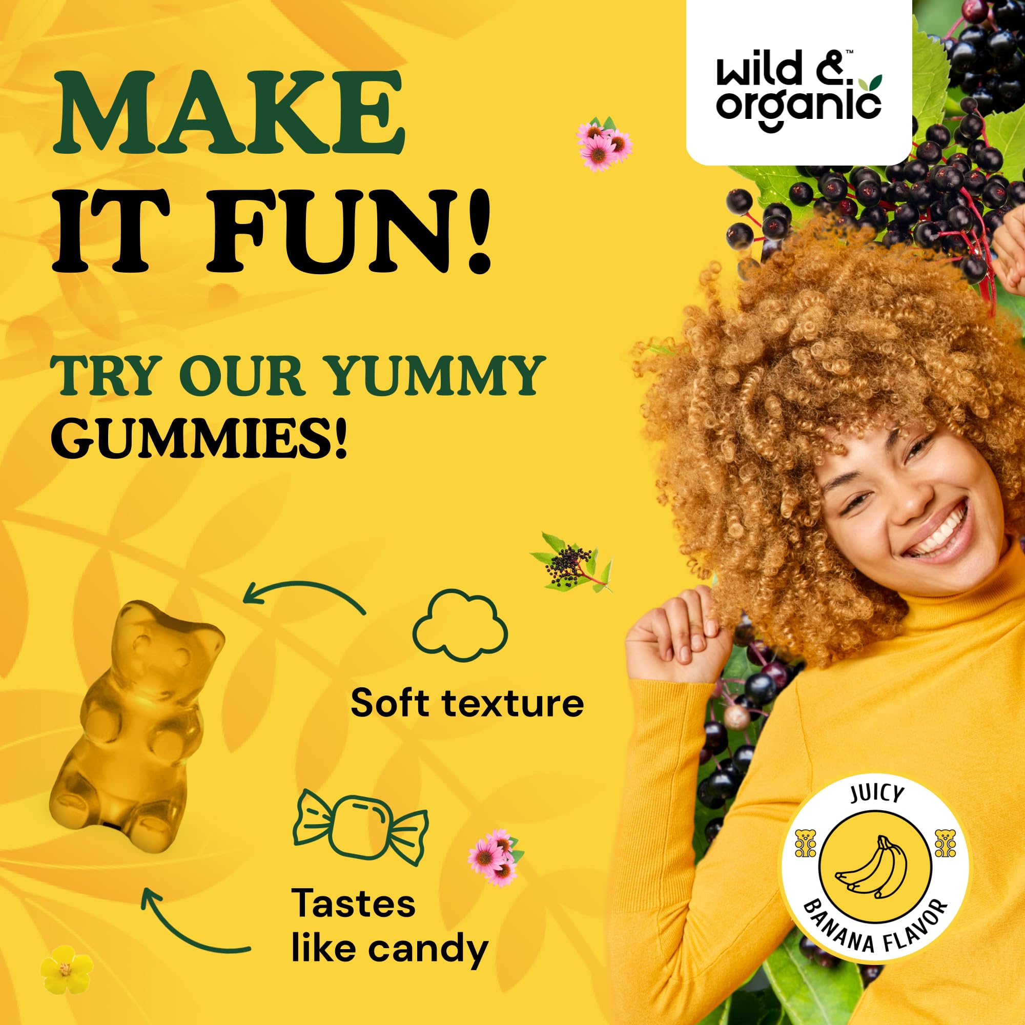 Banana-flavored vegan immune gummies close-up