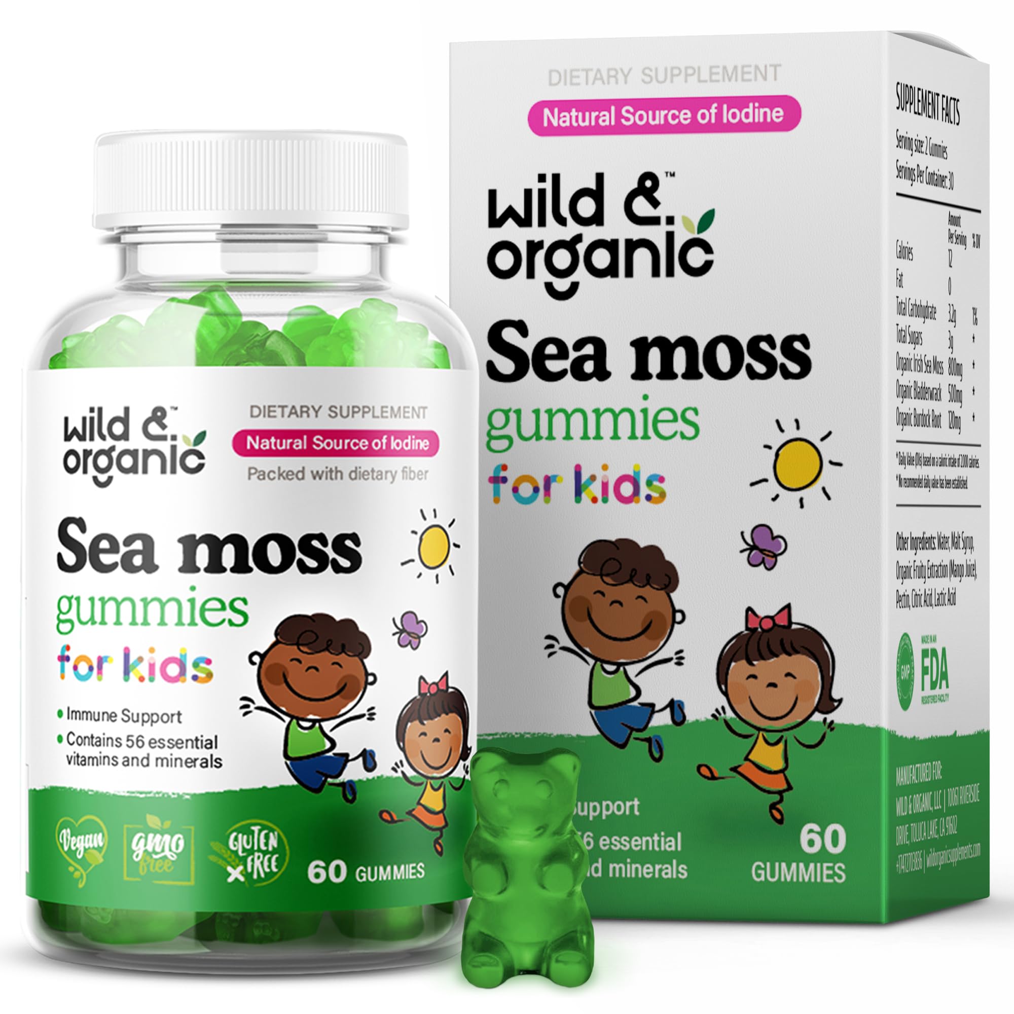 Front view of Wild & Organic Irish Sea Moss Gummies for Kids 800mg