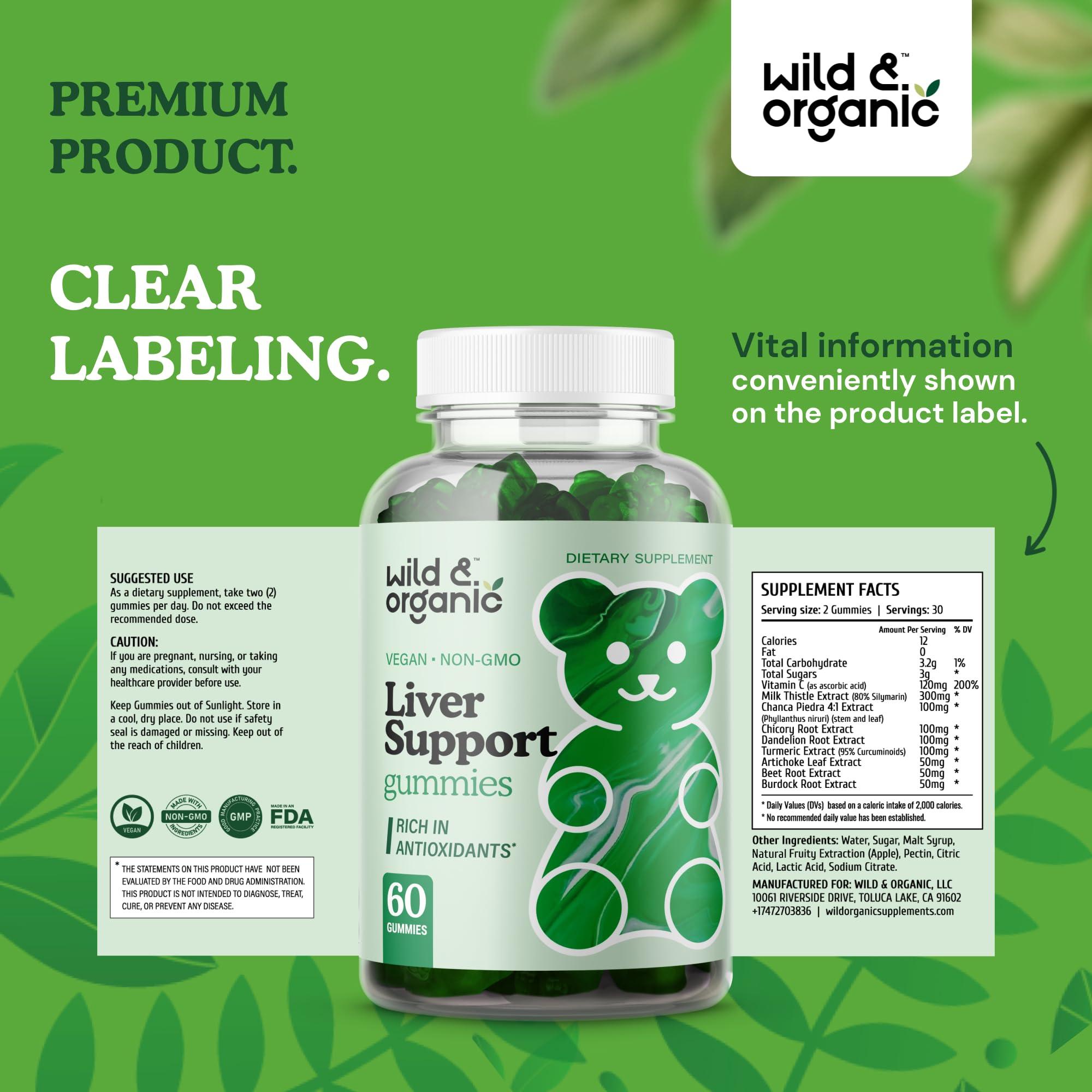 60-count bottle of Wild & Organic Liver Support Gummies with glass of water