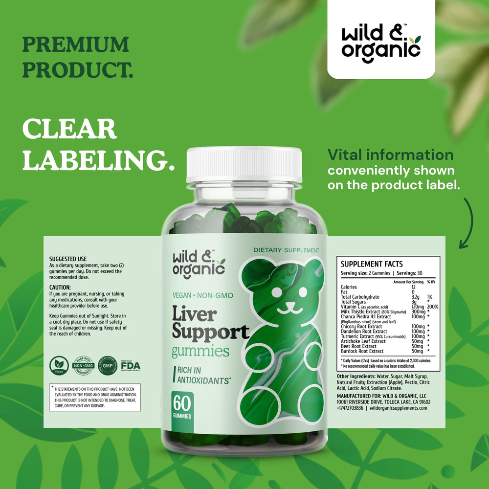 60-count bottle of Wild & Organic Liver Support Gummies with glass of water