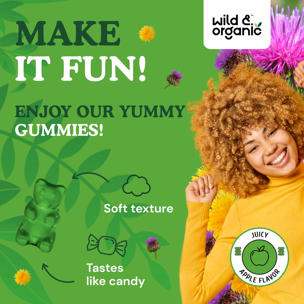 Non-GMO herbal supplement ingredients label for Wild & Organic Liver Support Gummies