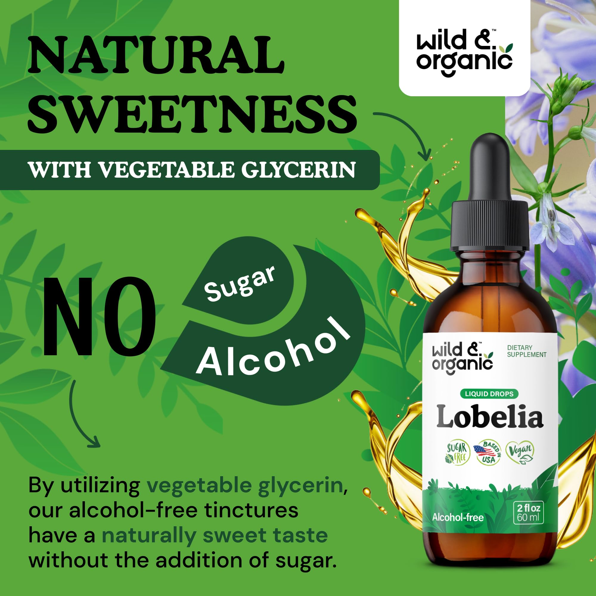 Wild & Organic lobelia leaves and bottle suggest natural sourcing for herbal routines
