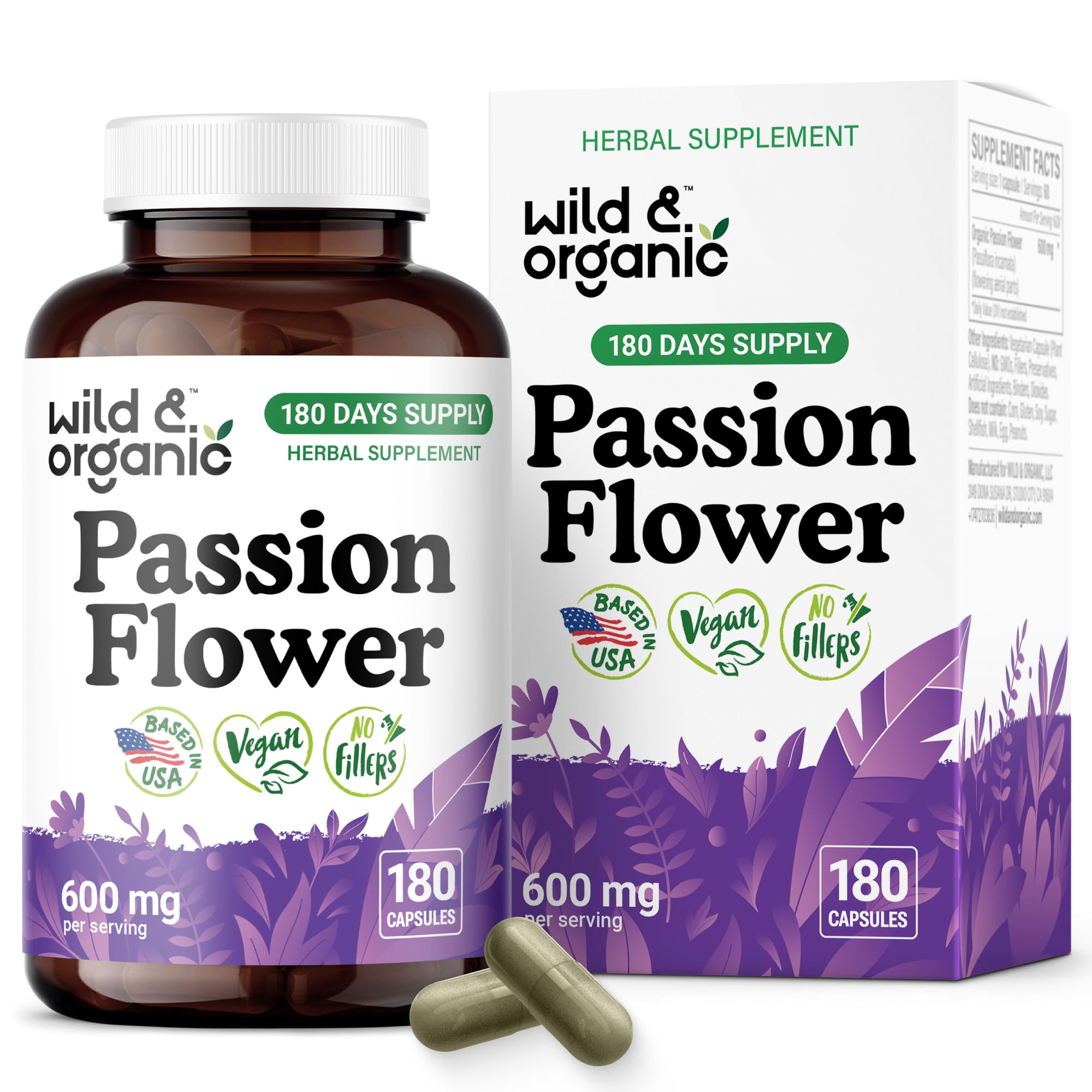 Front view of Wild & Organic passion flower capsules bottle