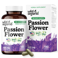Front view of Wild & Organic passion flower capsules bottle