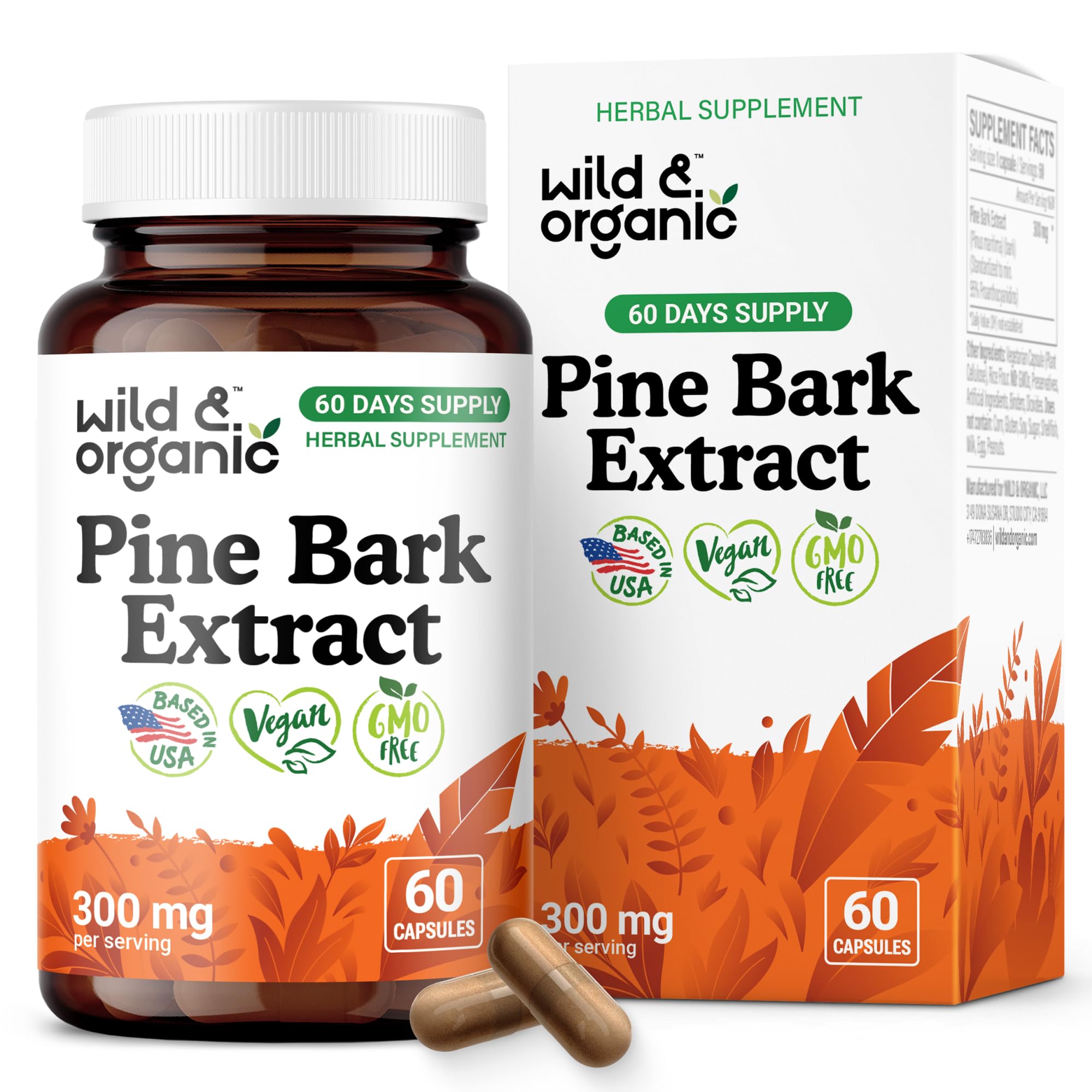 Bottle of Wild & Organic Pine Bark Extract Capsules 300 mg with label