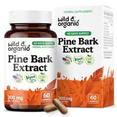 Bottle of Wild & Organic Pine Bark Extract Capsules 300 mg with label