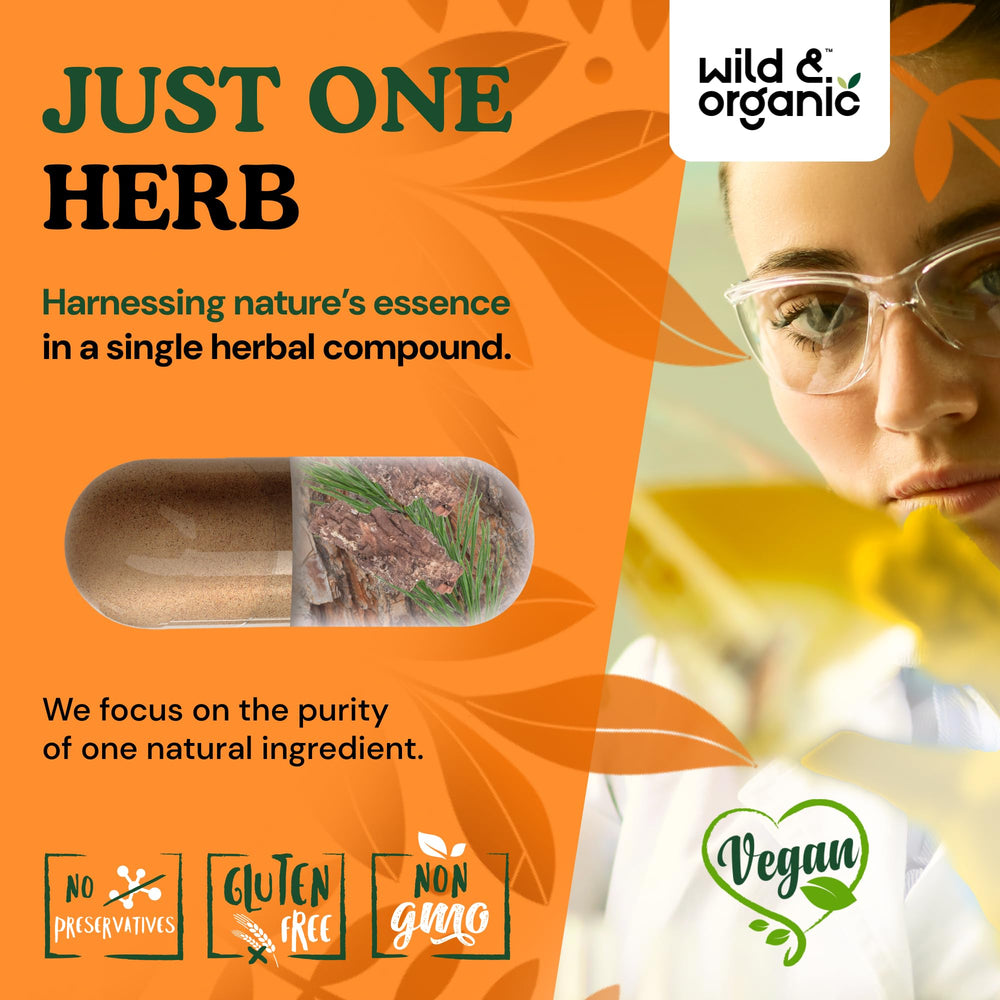 Ingredient list showing vegan formulation of Pine Bark Extract capsules