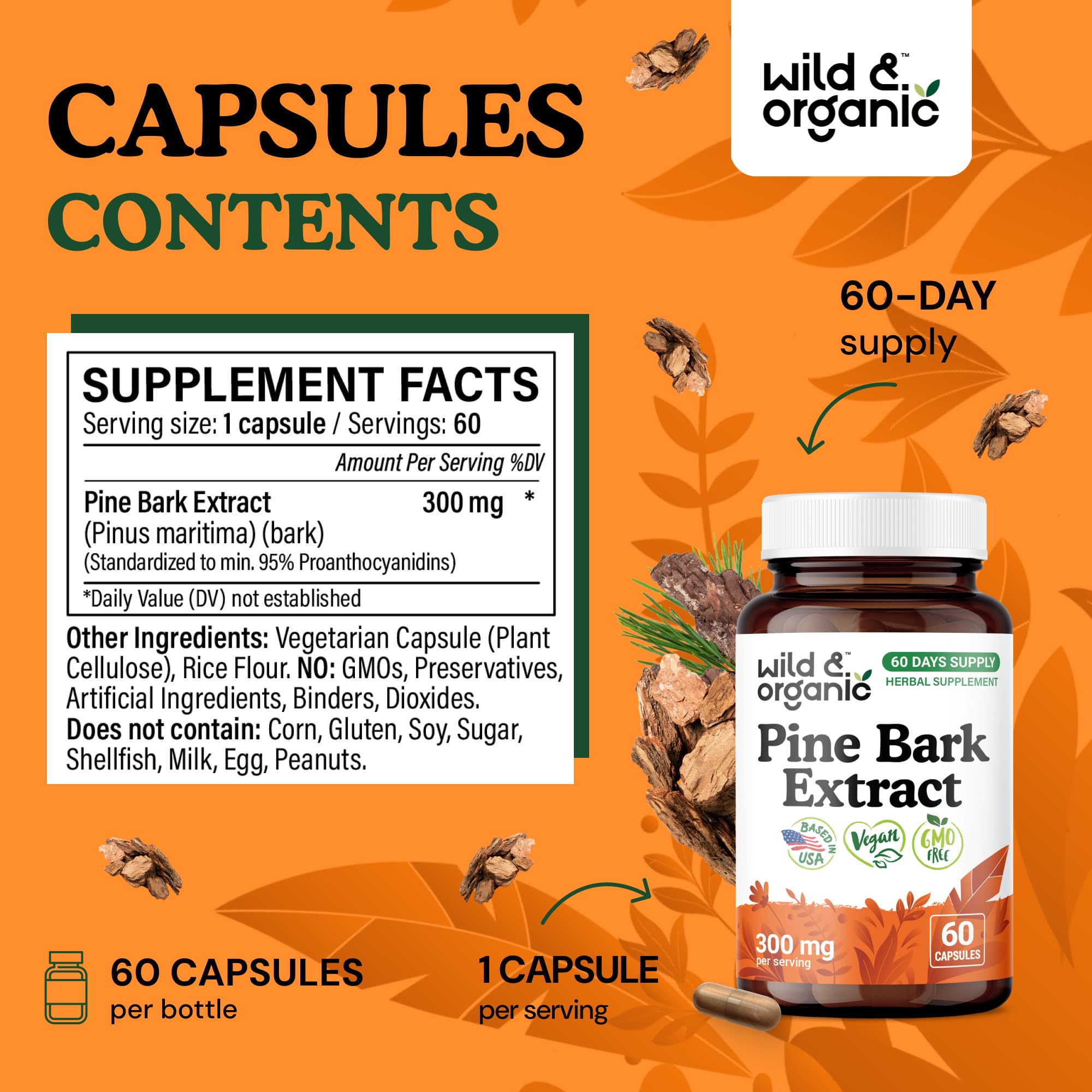 Front label of Wild & Organic Pine Bark Extract bottle