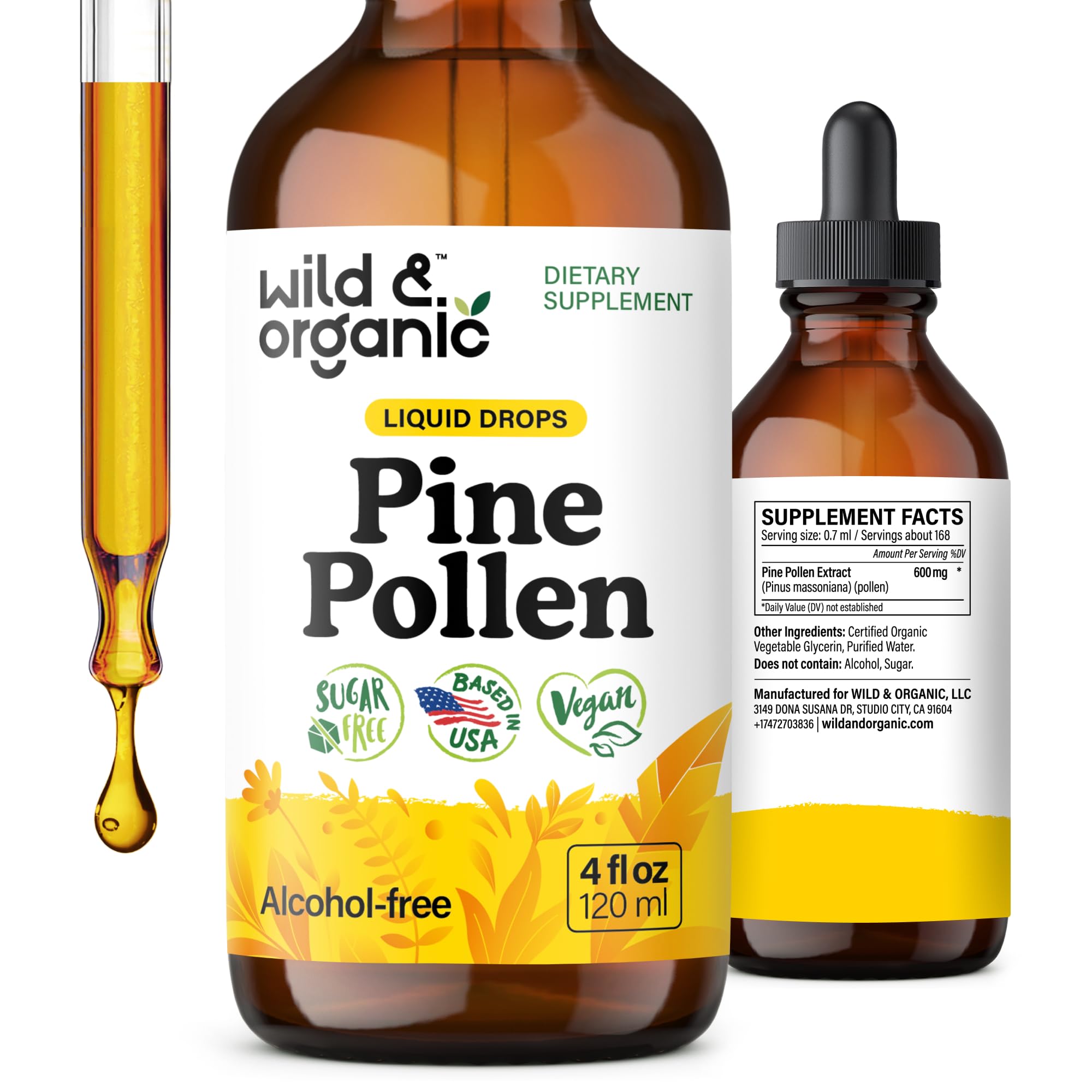 Front view of Wild & Organic Pine Pollen Tincture 4 fl oz bottle