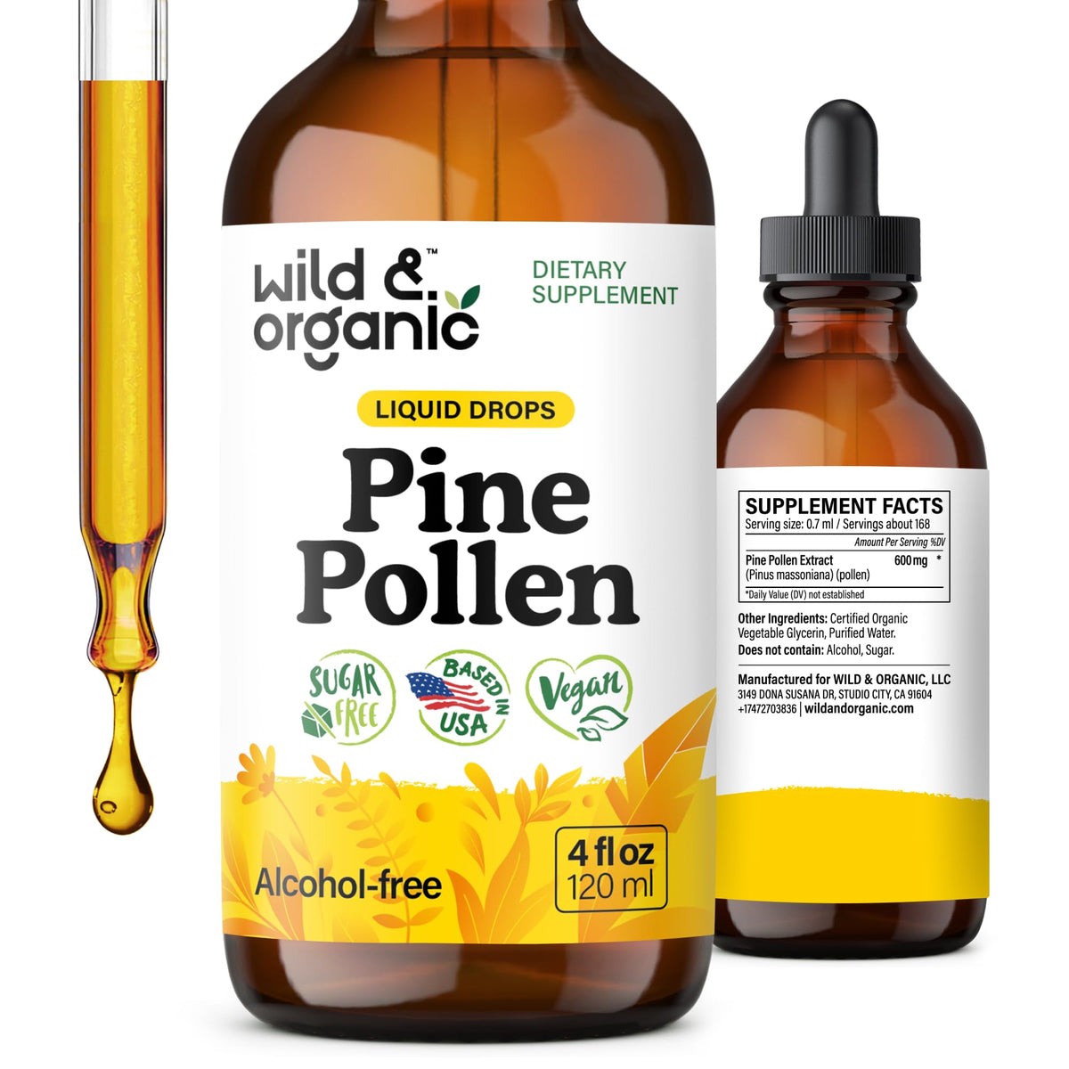 Front view of Wild & Organic Pine Pollen Tincture 4 fl oz bottle