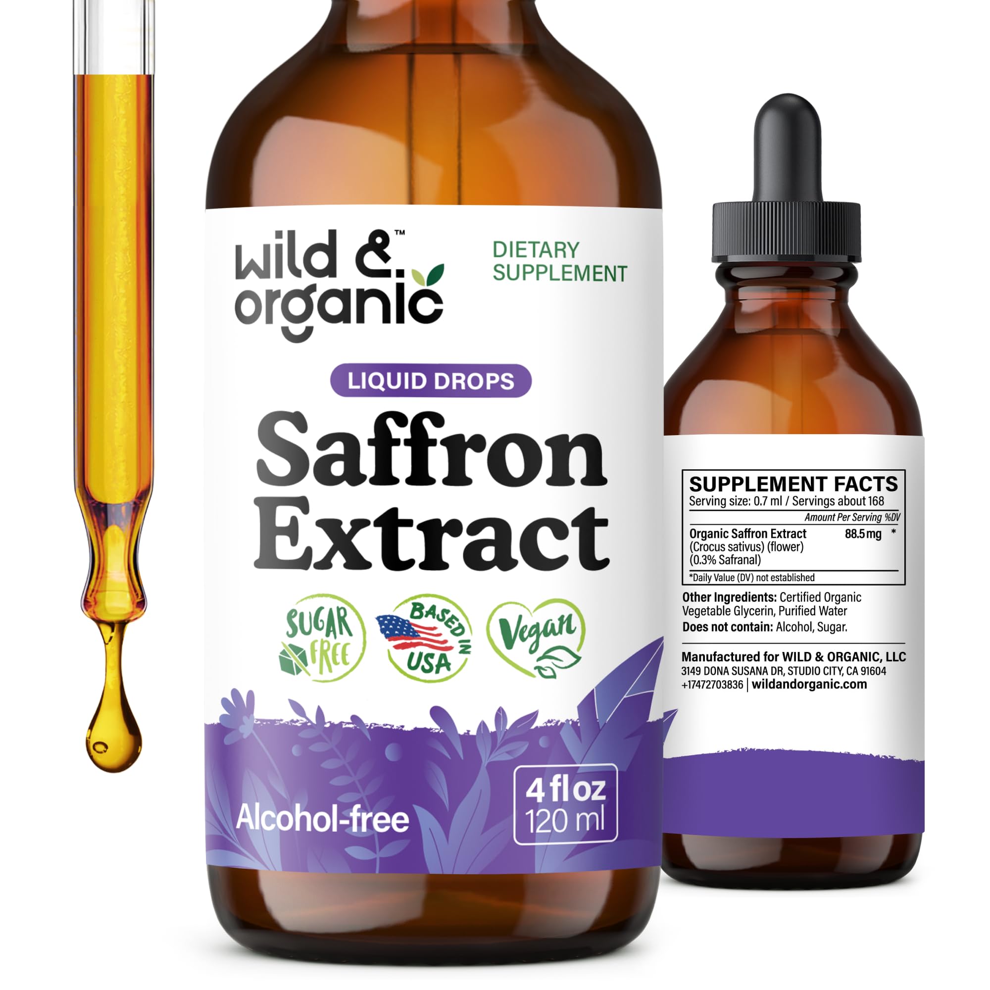 Wild & Organic Saffron Tincture bottle with 88.5 mg saffron extract per serving