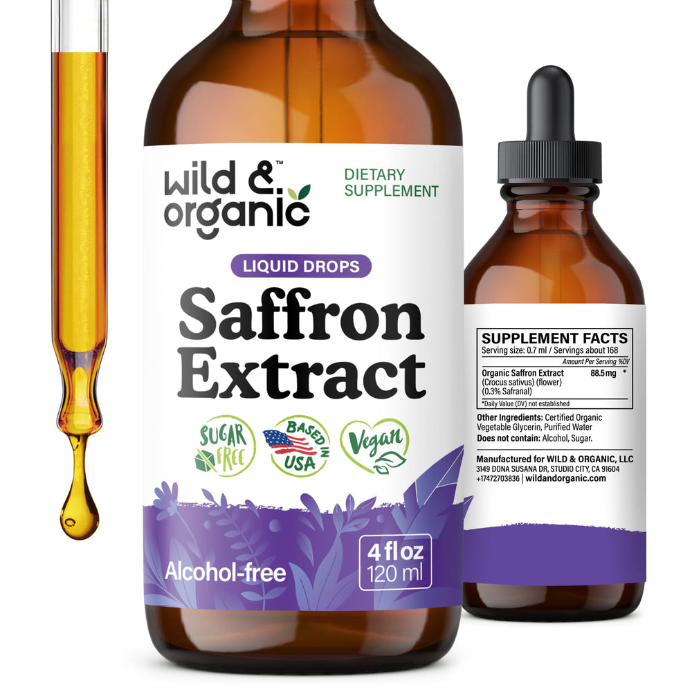 Wild & Organic Saffron Tincture bottle with 88.5 mg saffron extract per serving