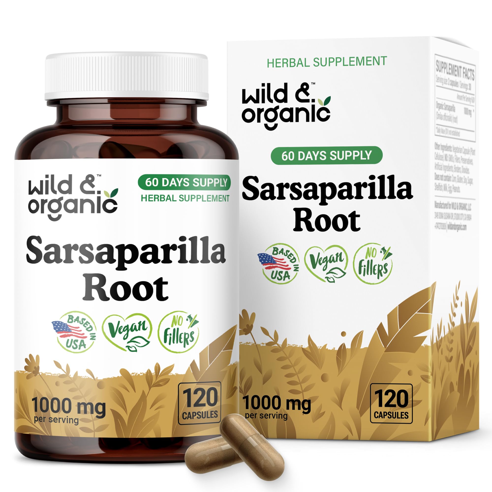 Bottle of Wild & Organic sarsaparilla root capsules with 1000 mg per serving