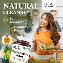 Sarsaparilla root capsules shown for skin support and detox