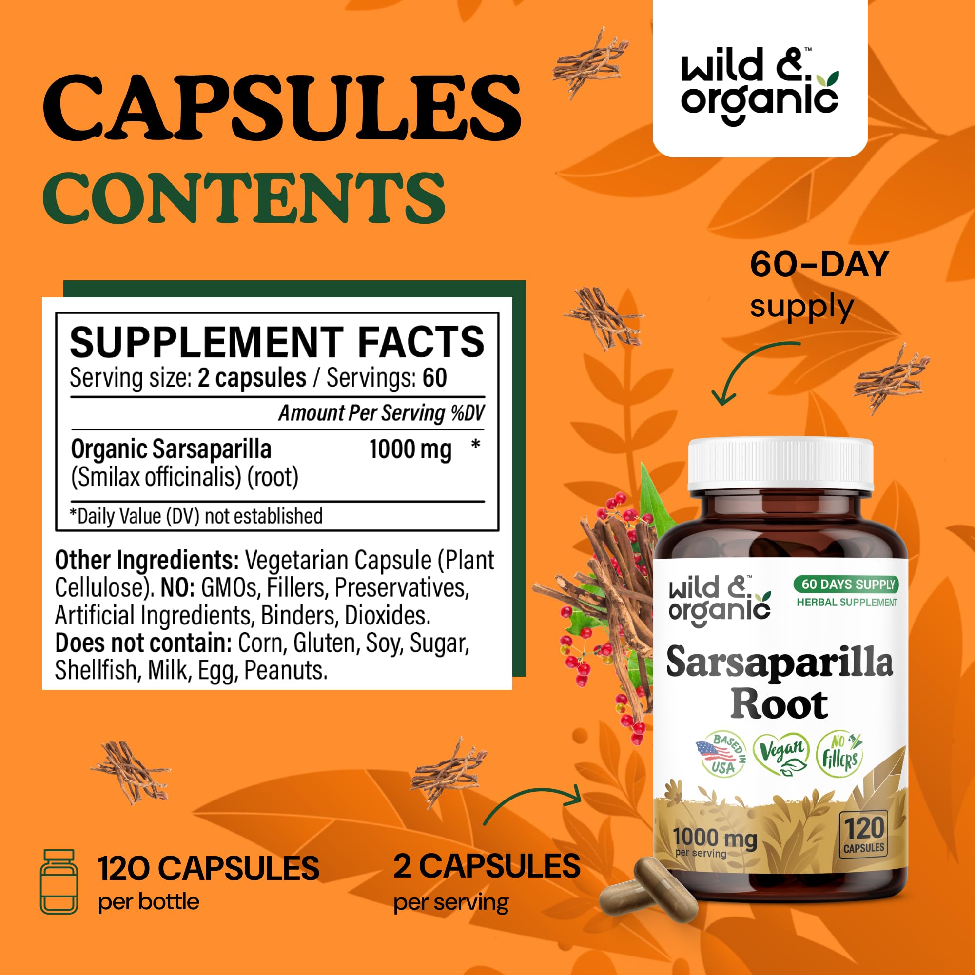 Vegan, non-GMO sarsaparilla capsules with plant-based coating