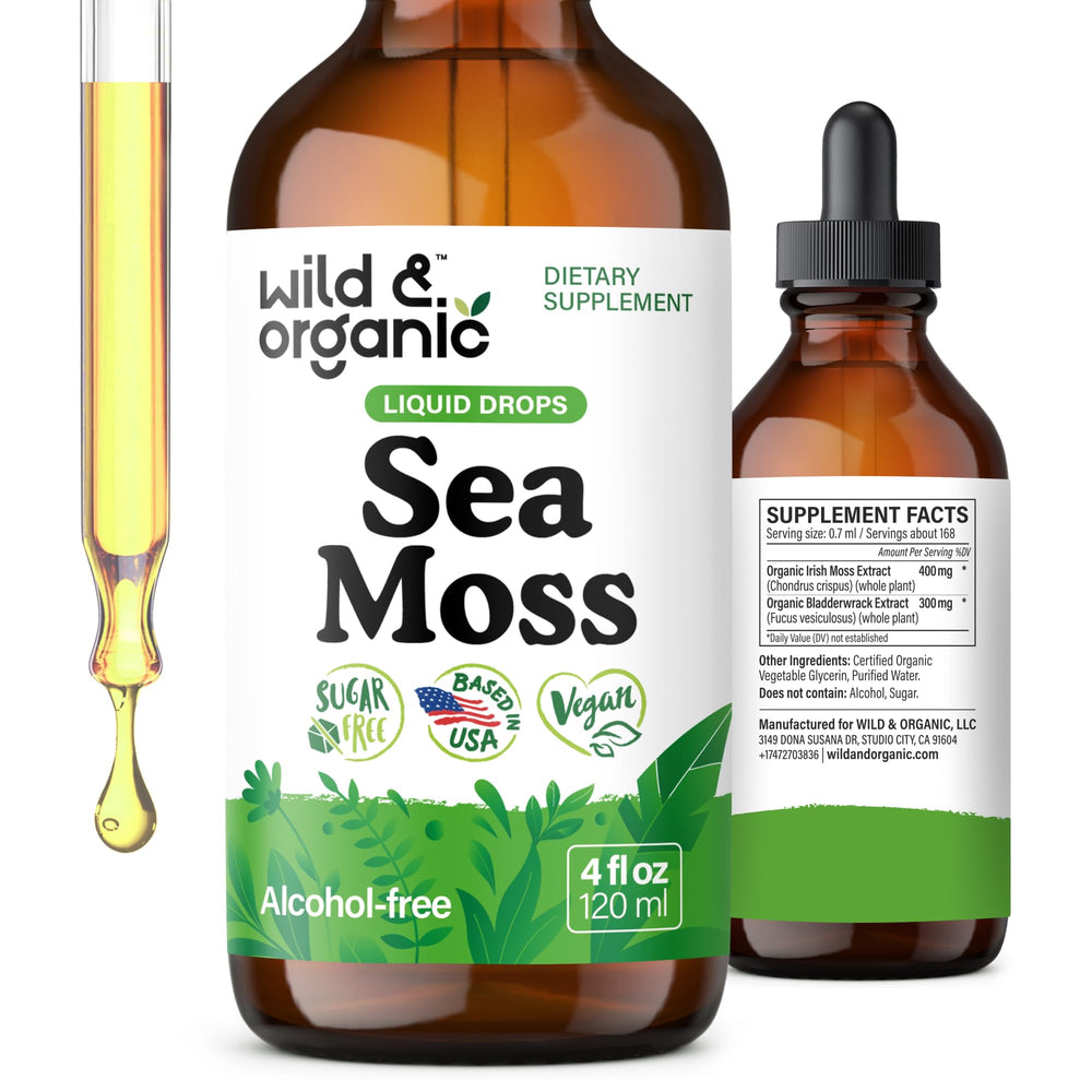Front view of Wild & Organic Sea Moss Drops bottle (4 oz)