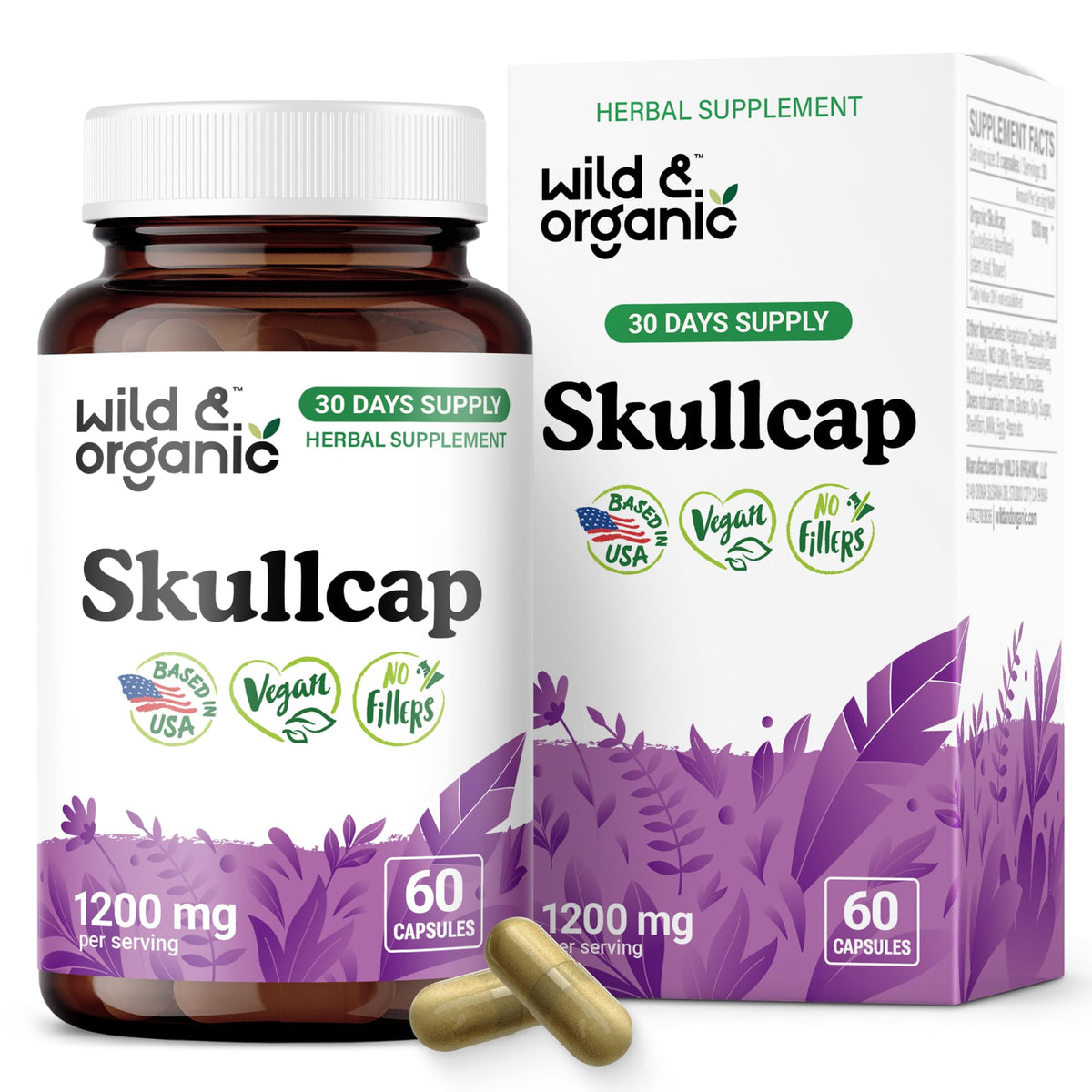 Wild & Organic Skullcap Capsules bottle showing 1200 mg per serving