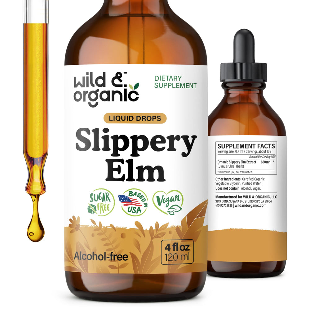 Wild & Organic slippery elm liquid drops 4oz bottle on a wooden surface