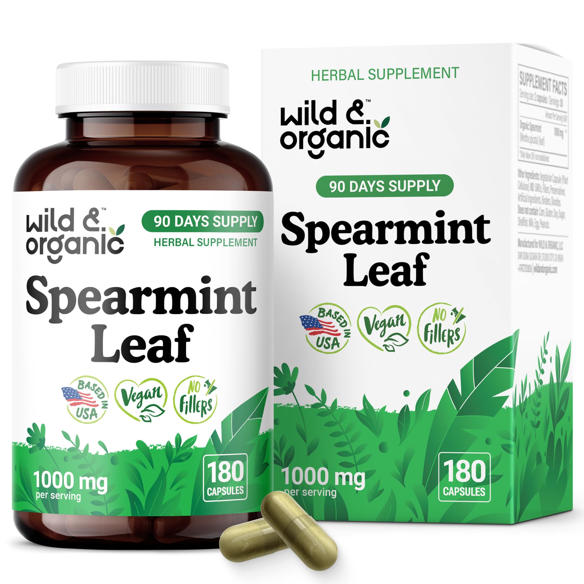 Front view of Wild & Organic Spearmint Capsules bottle