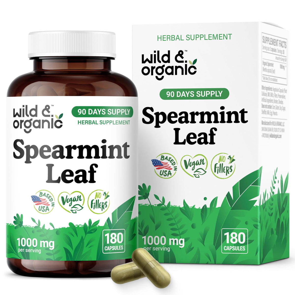 Front view of Wild & Organic Spearmint Capsules bottle