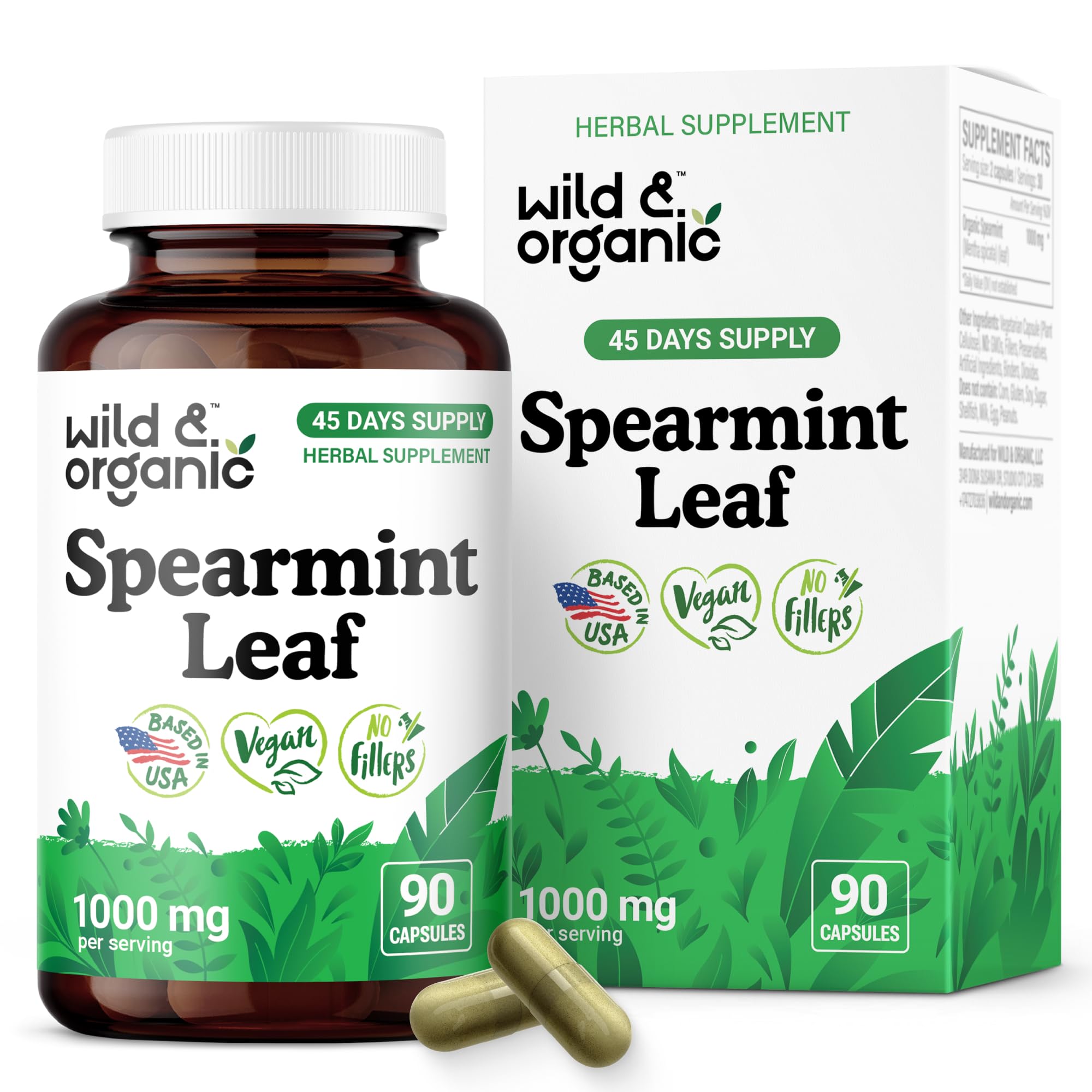 Bottle of Wild & Organic spearmint capsules showing digestive support benefits