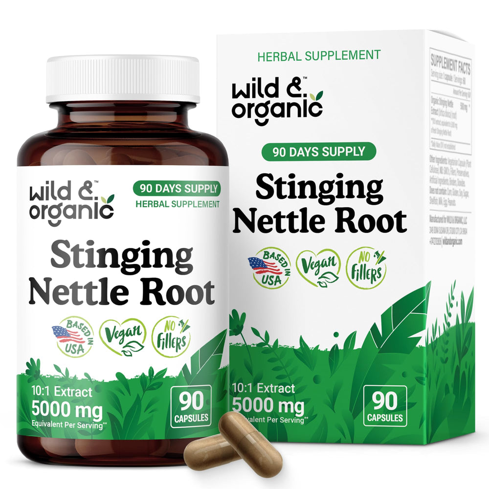 Front view of Wild & Organic stinging nettle root capsules bottle showing 5000 mg per serving
