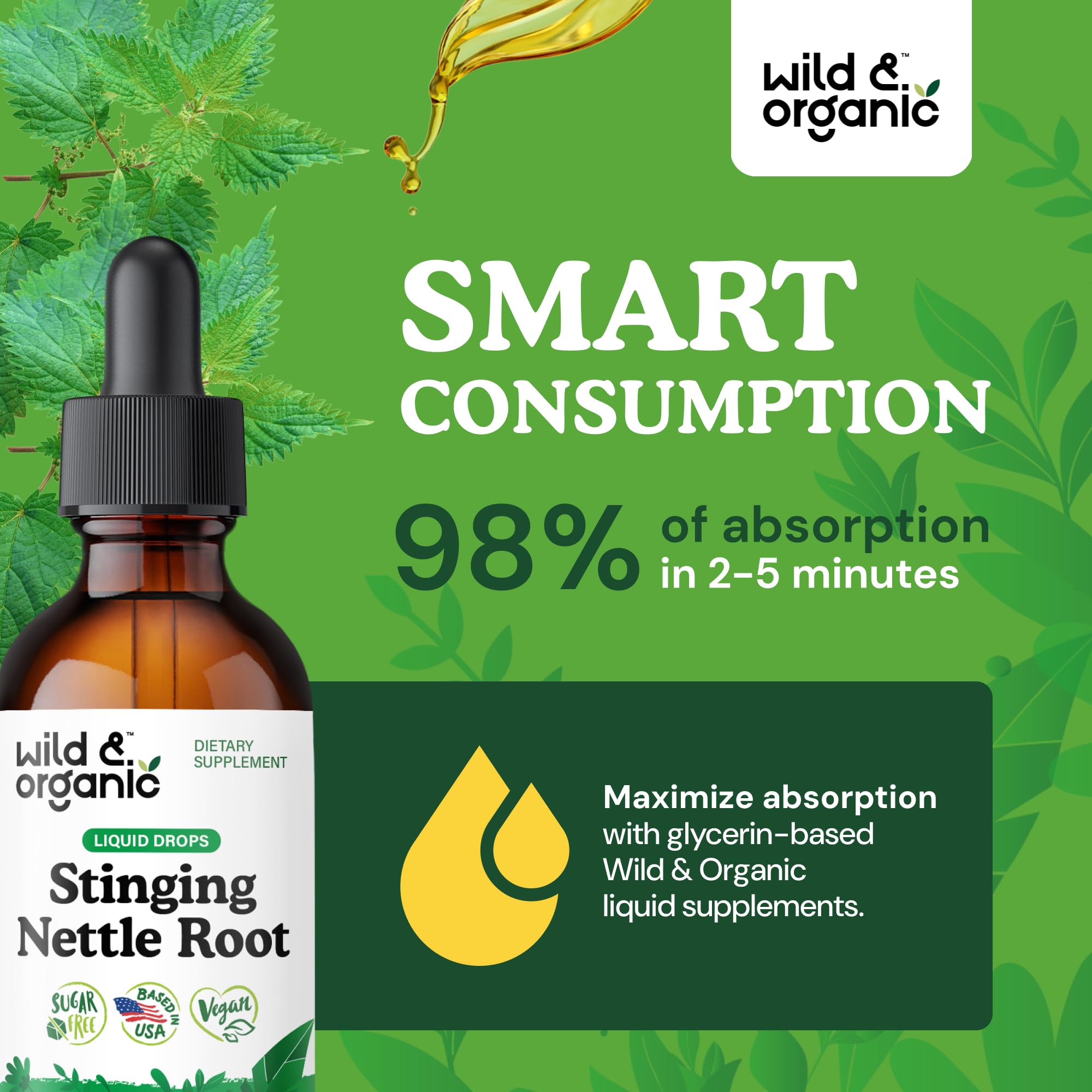 Nettle root tincture bottle with natural ingredients in the background