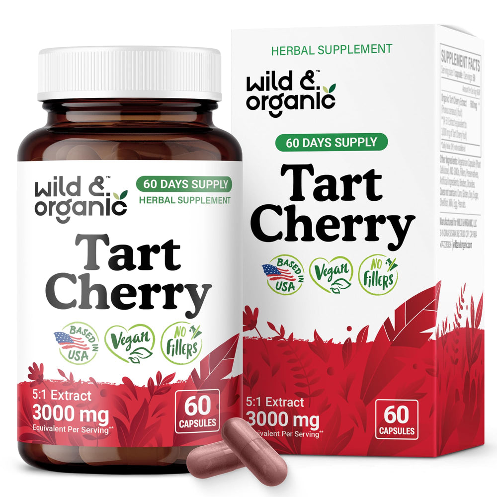 Bottle of Wild & Organic Tart Cherry Capsules 600 mg showing label