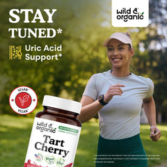 Close-up of tart cherry powder capsules with vegan cellulose coating