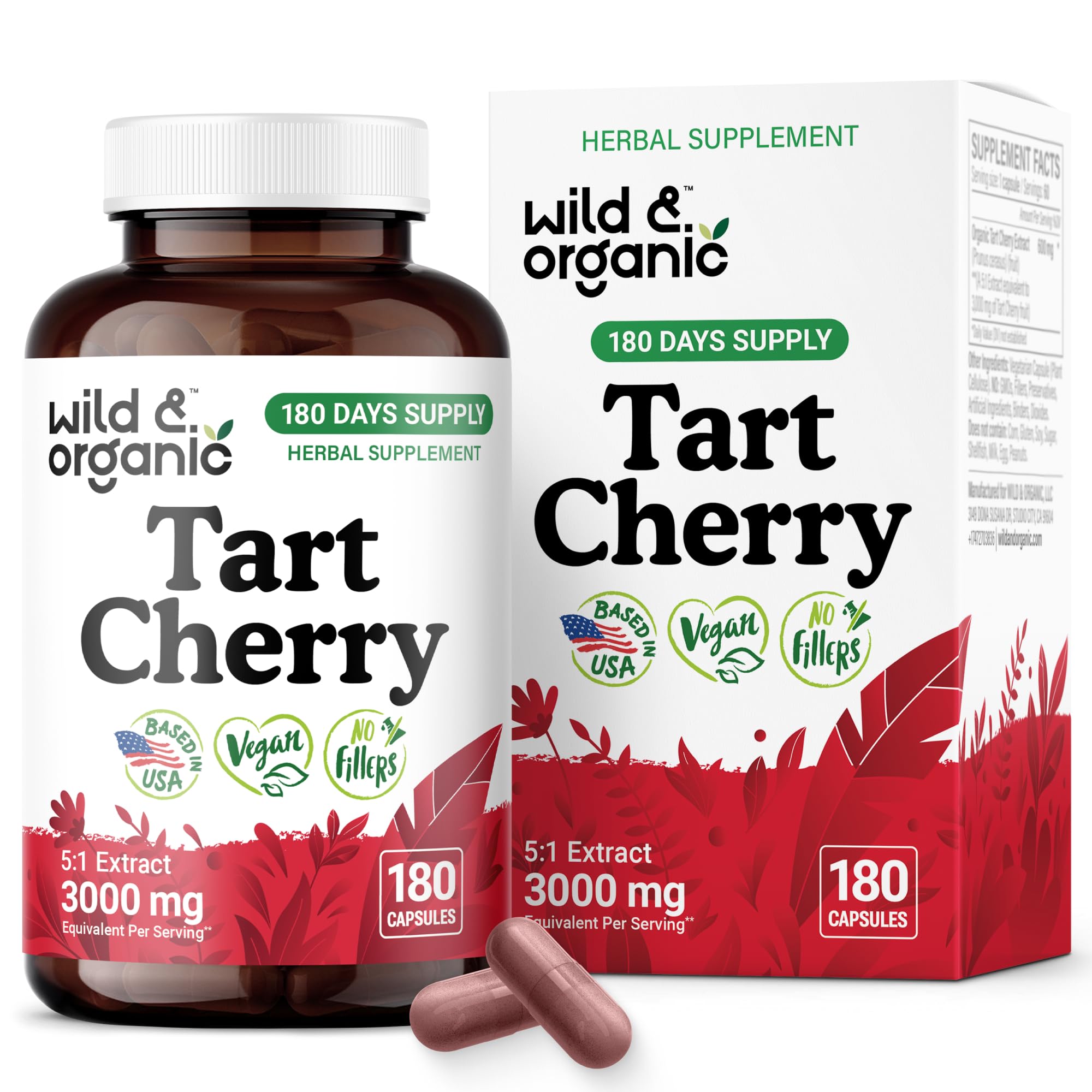 Wild & Organic Tart Cherry Extract Capsules bottle label showing 600 mg per serving