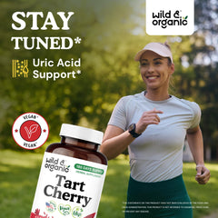 Close-up of tart cherry extract capsules highlighting vegan, non-GMO formula