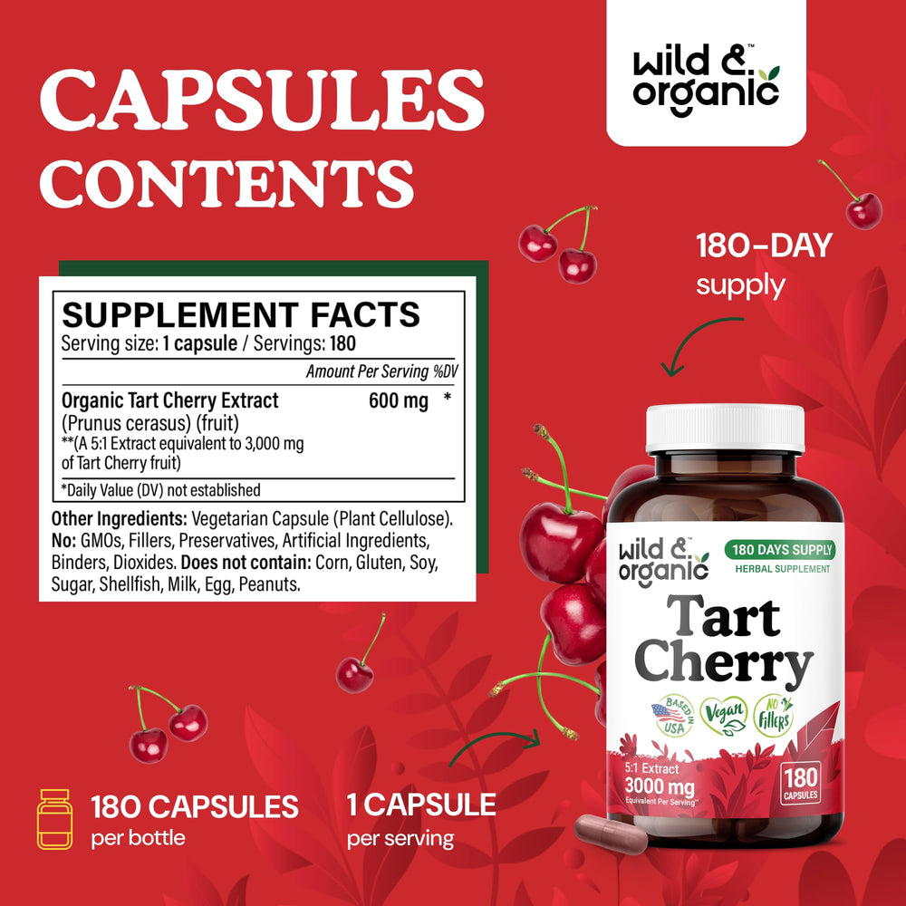 Tart cherry powder capsule on white background with 600 mg per serving