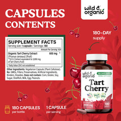 Tart cherry powder capsule on white background with 600 mg per serving
