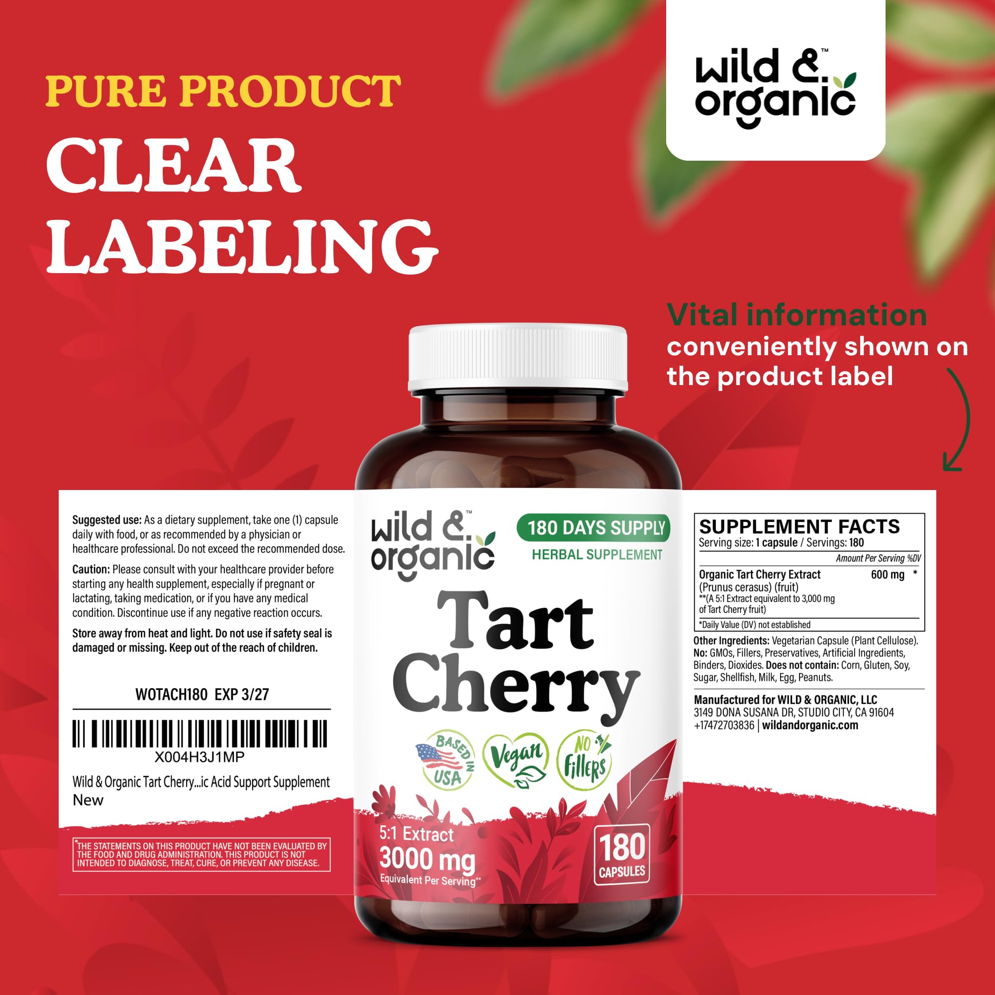 Open bottle showing 180 tart cherry extract capsules for uric acid support