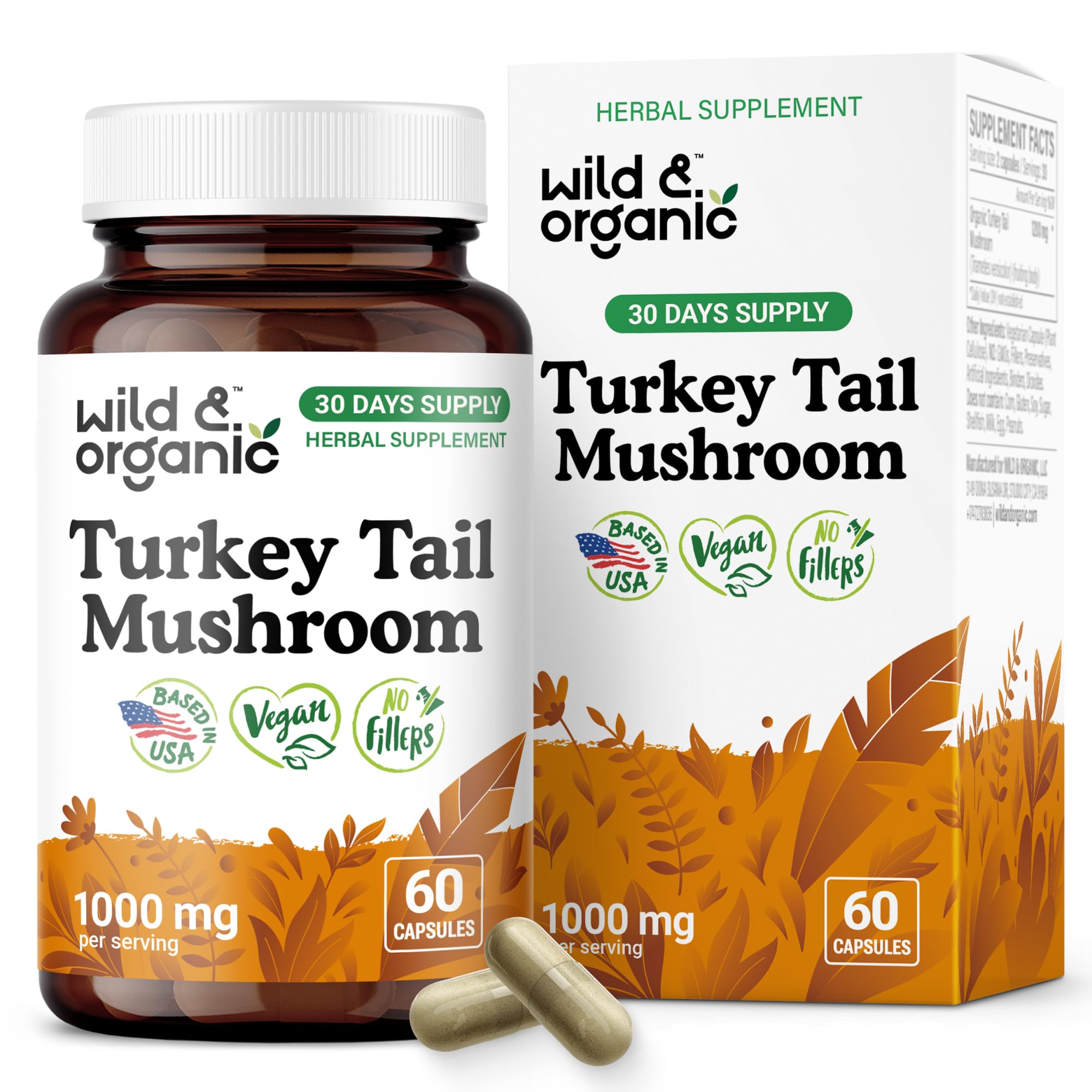 Wild & Organic Turkey Tail Mushroom Capsules bottle – 60 count