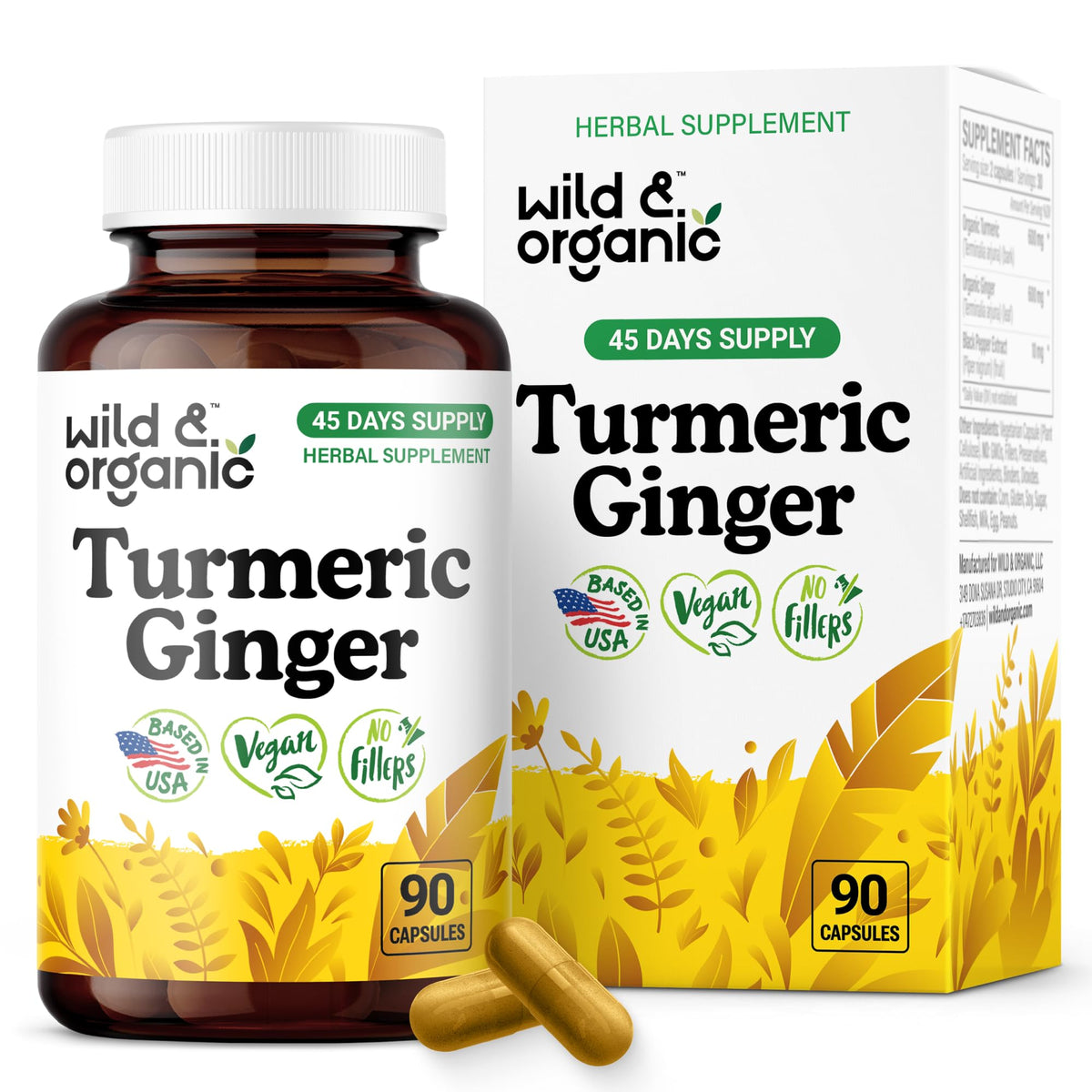 Front view of Wild & Organic Turmeric Ginger capsules bottle