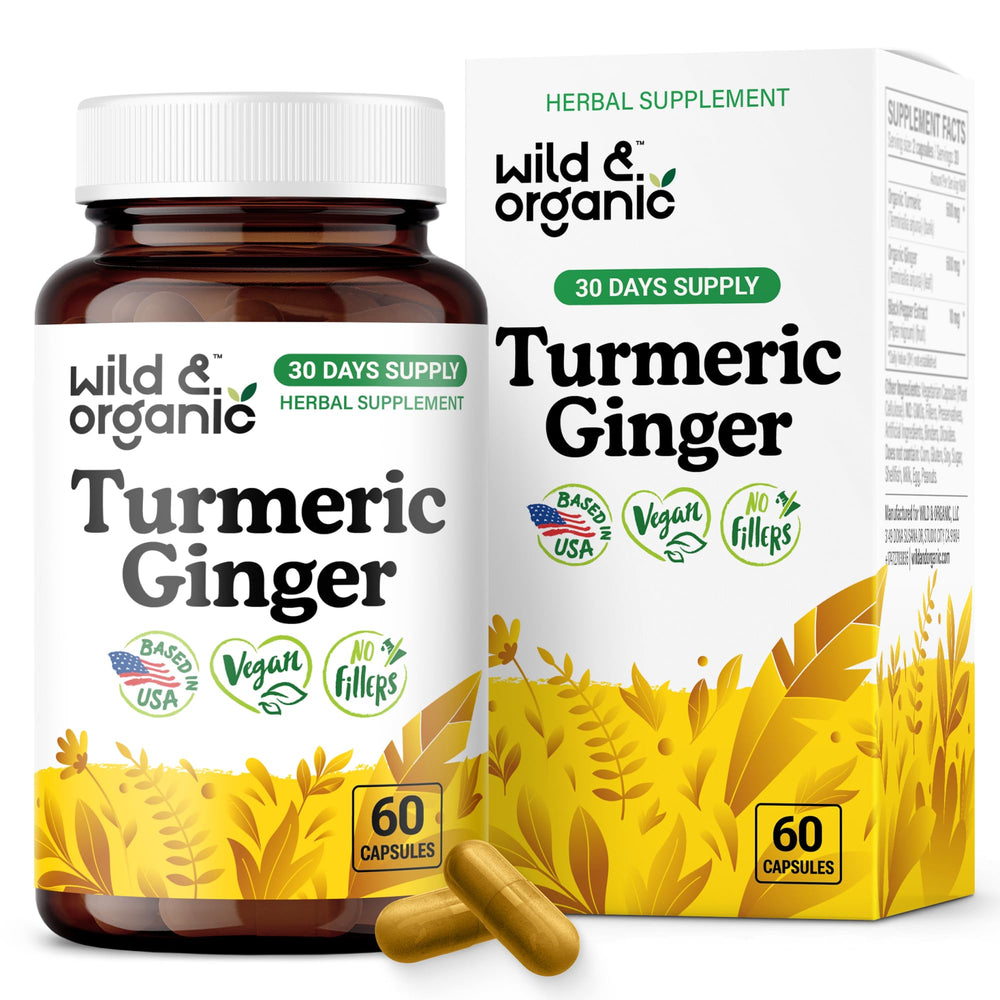 Front view of Wild & Organic Turmeric & Ginger supplement bottle (60-count)