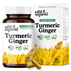 Front view of Wild & Organic Turmeric & Ginger supplement bottle (60-count)
