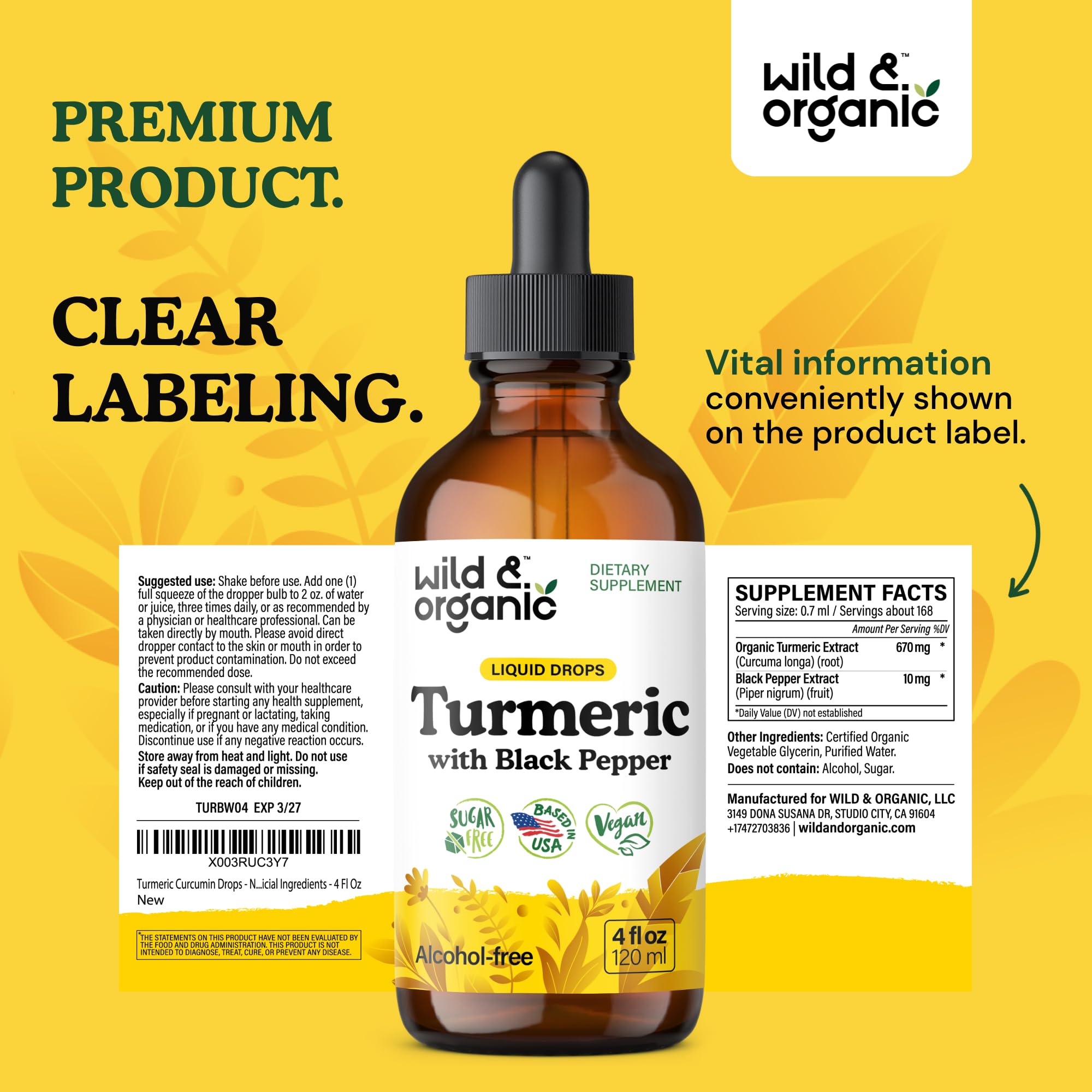 Supplement facts panel for Wild & Organic Turmeric Tincture