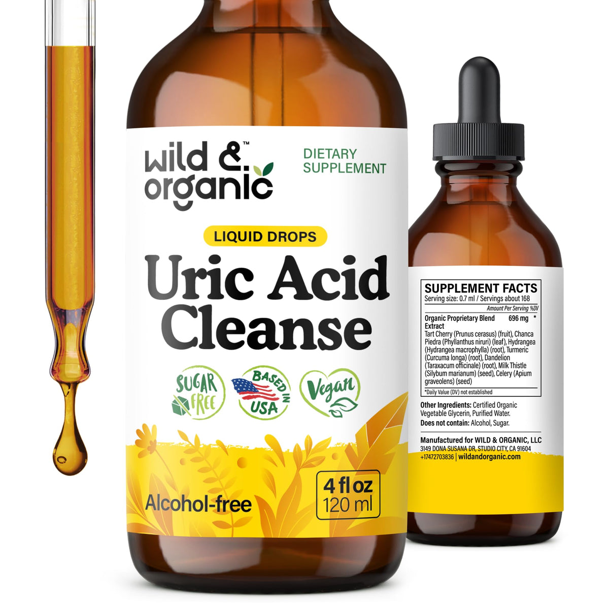 Bottle of Wild & Organic Uric Acid Cleanse Liquid Drops with Tart Cherry label