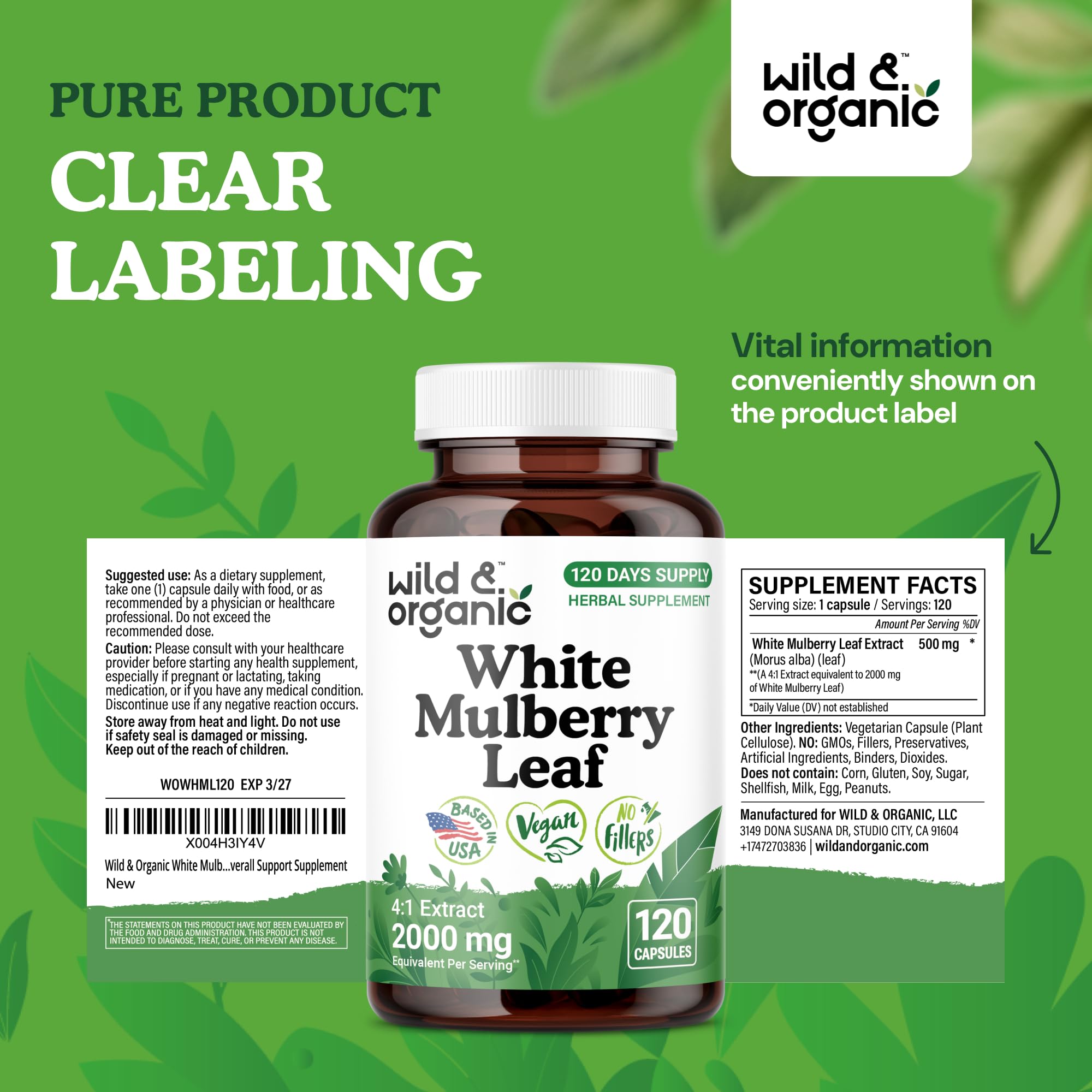 No fillers or artificial colors in Wild & Organic mulberry capsules
