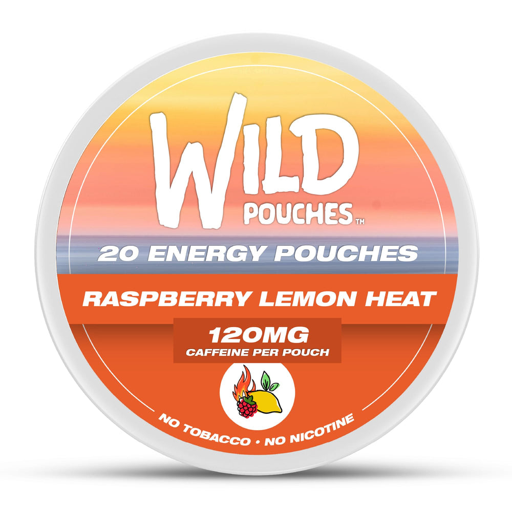 Front view of Wild Raspberry Lemon Heat caffeine pouches can