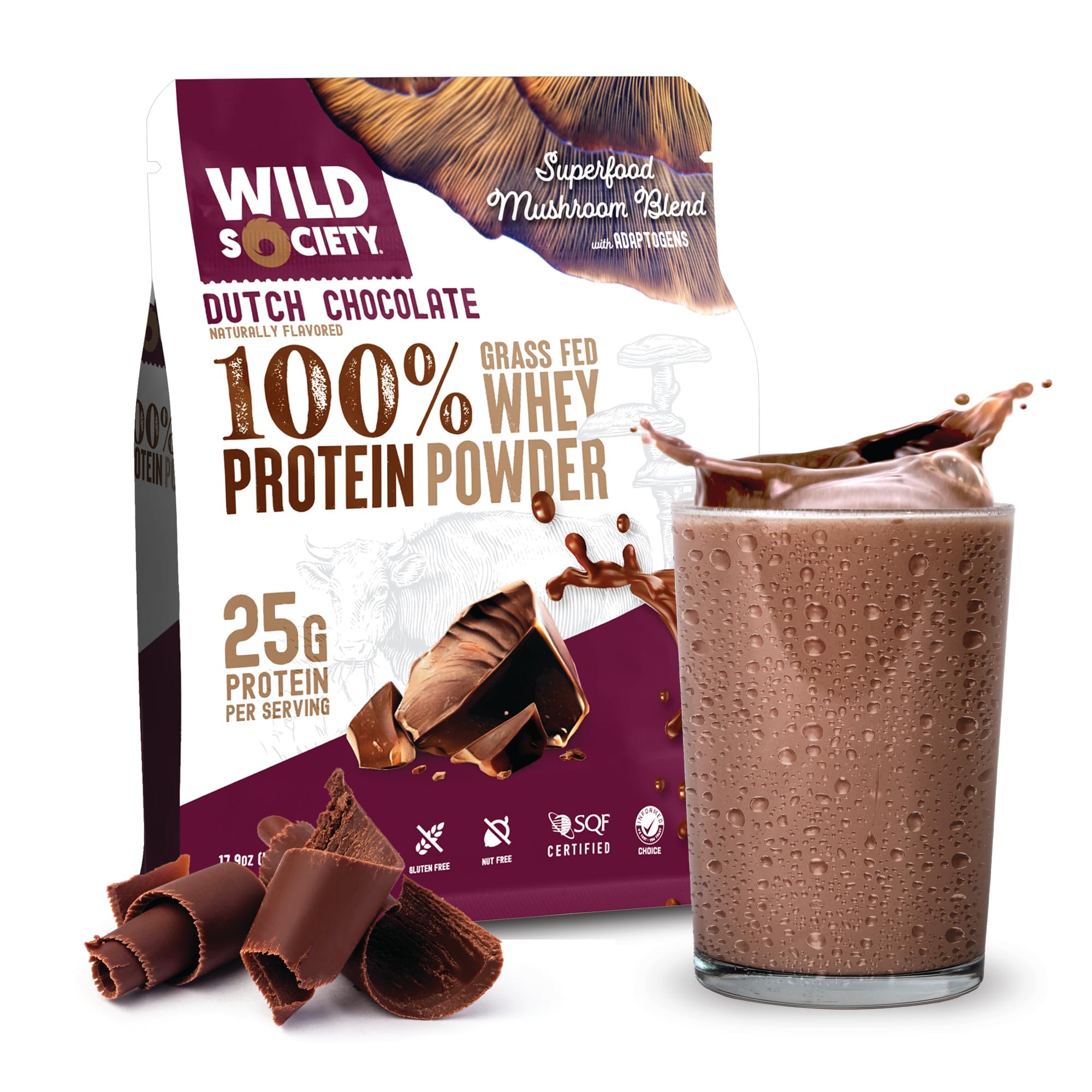 WILD SOCIETY Dutch Chocolate whey container highlights 25g protein per serving for workouts