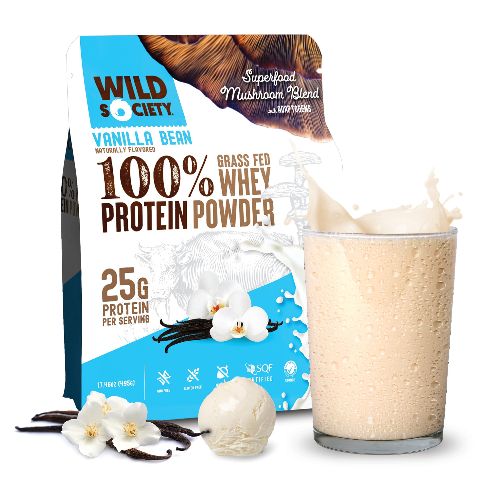 Wild Society vanilla bean powder scoop shows creamy shake texture for quick protein boost.