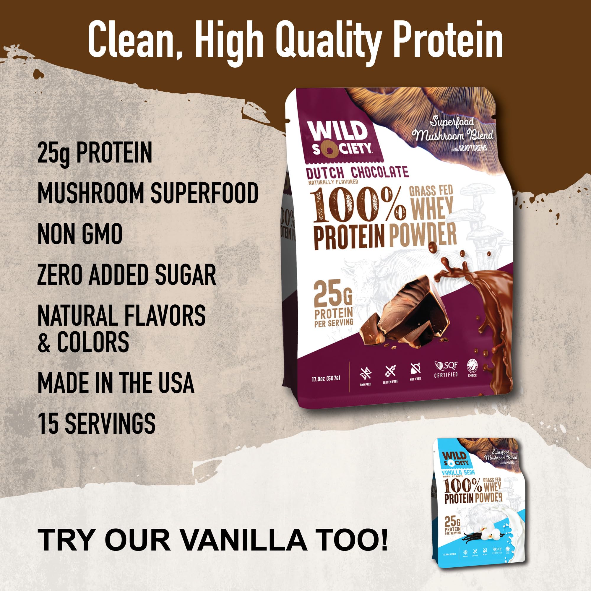 WILD SOCIETY whey scoop Dutch Chocolate shows smooth texture and excellent mixability