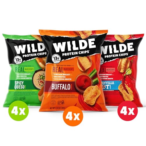Spicy Queso flavor chip bag from WILDE Protein Chips
